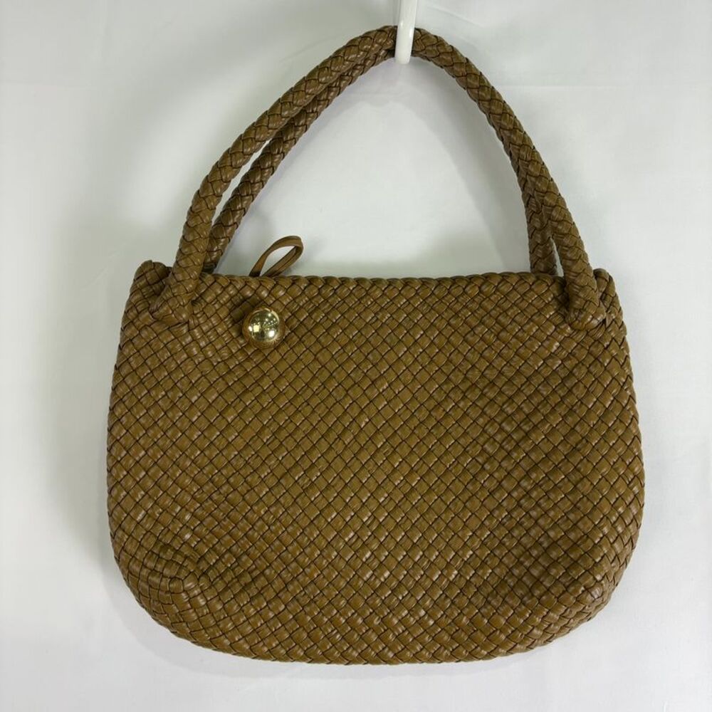 Bottega Veneta Tan Intrecciato Woven Shoulder Bag with Gold Button